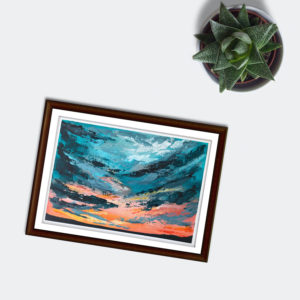 painting in a brown frame of turquoise skies next to a small house plant