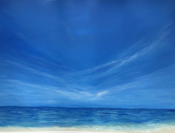 blue beach scene acrylic painting on paper