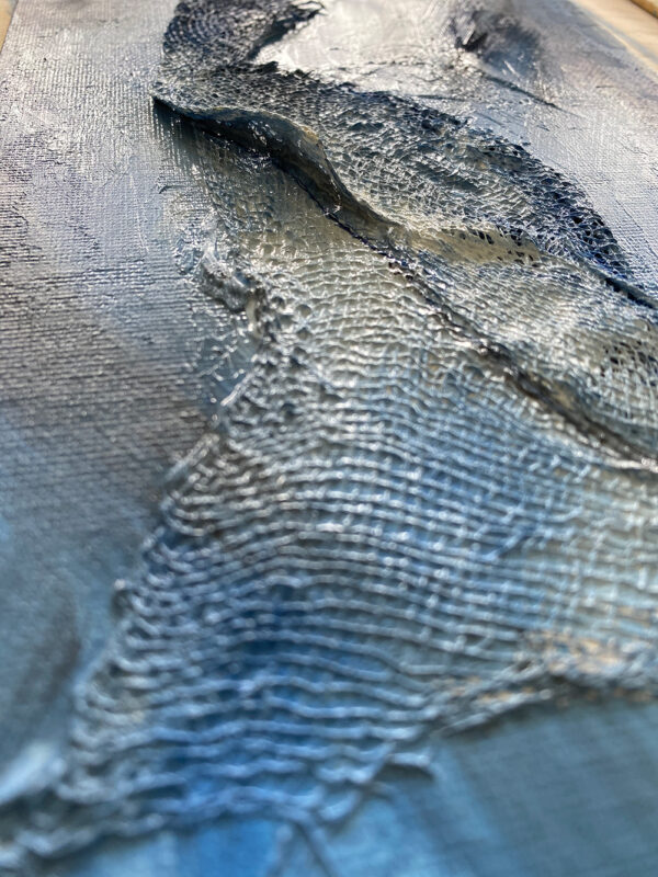 mixed media textured blue painting close up detail